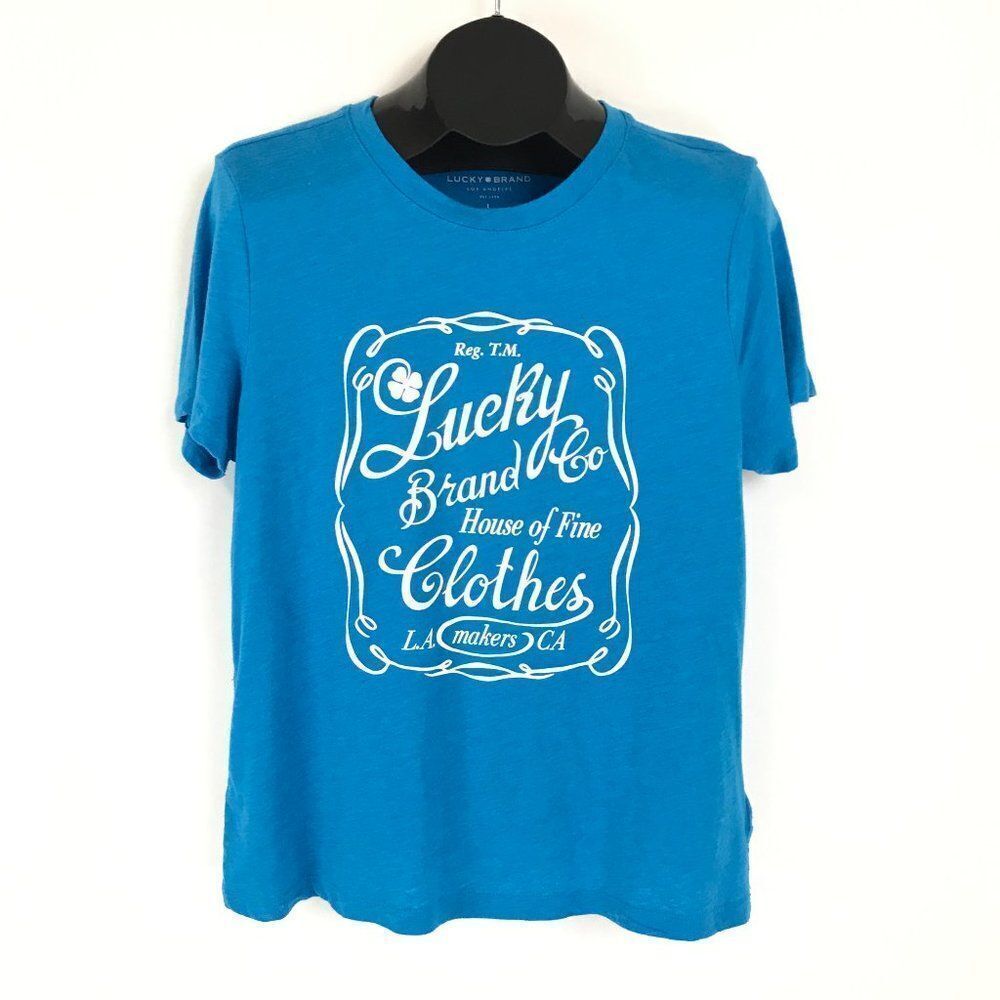 Lucky Brand "House of Fine Clothes Makers" Graphic Tee Women's Large Blue Logo
